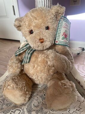 Gund Tan Plush Teddy Bear with Green Plaid Bow- cookie luv a lot